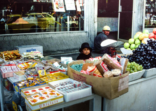 Quito, kodachrome, grocer, father and son, street vendor, city centre Quito, keane photography, tim keane