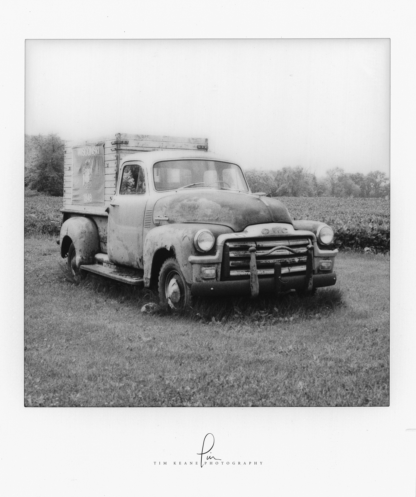 fuji film, old truck, han chen, black and white, wisconsin, polaroid 